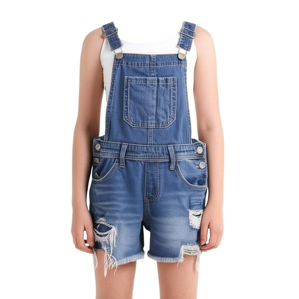 CAT & JACK Girls Denim Short Overalls Size 10 Light Wash Blue Distressed Raw Hem